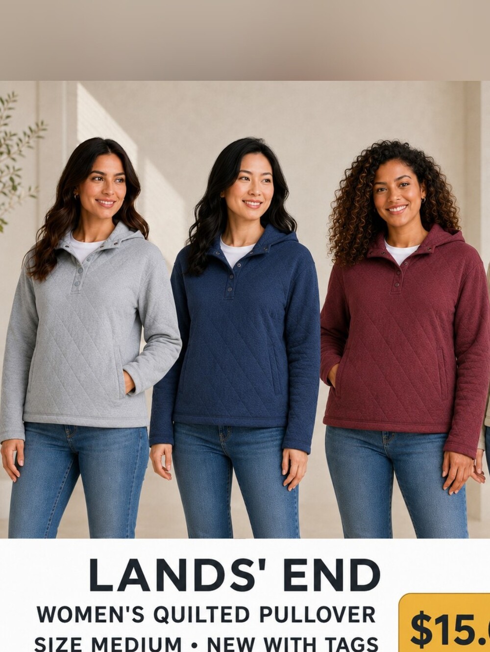 Lands' End Women's Quilted Pullover Hoodie - Gray, Navy & Burgundy
